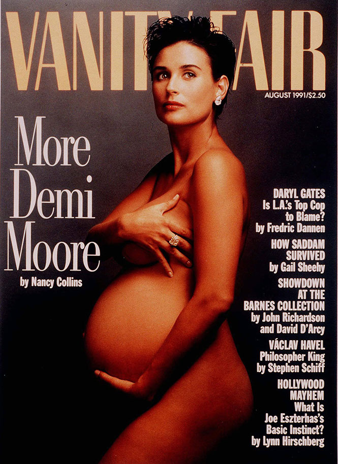 La actriz Demi Moore aparece desnuda y embarazada en la portada de la edición de agosto 1991 de la revista Vanity Fair. Foto Annie Leibovitz La actriz Demi Moore aparece desnuda y embarazada en la portada de la edición de agosto 1991 de la revista Vanity Fair. Foto Annie Leibovitz