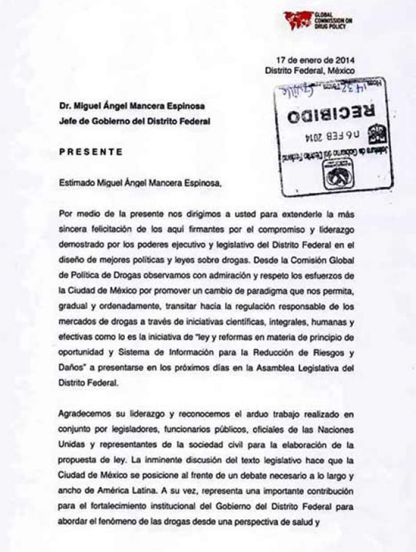 La carta fechada el 17 de enero, fue recibida por el Gobierno del Distrito Federal el pasado 6 de febrero. Foto Especial La carta fechada el 17 de enero, fue recibida por el Gobierno del Distrito Federal el pasado 6 de febrero. Foto Especial
