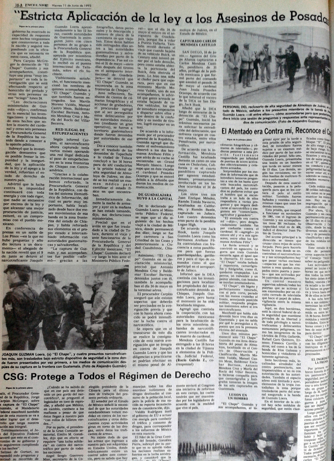 Edición del periódico impreso de Excélsior el 11 de junio de 1993, en el que se publicó la captura de Joaquín "El Chapo" Guzmán. Foto Especial Edición del periódico impreso de Excélsior el 11 de junio de 1993, en el que se publicó la captura de Joaquín "El Chapo" Guzmán. Foto Especial
