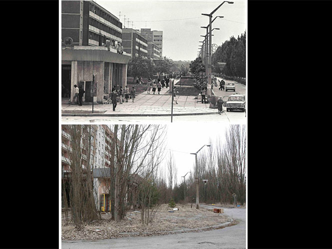 Una combinación de imágenes, tomadas en 1982 y el 31 de marzo de 2011, de la ciudad abandonada de Prypiat Foto: Reuters