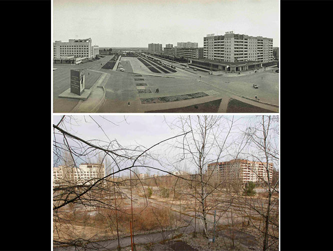 Una combinación de imágenes, tomadas en 1982 y el 31 de marzo de 2011, de la ciudad abandonada de Prypiat Foto: Reuters