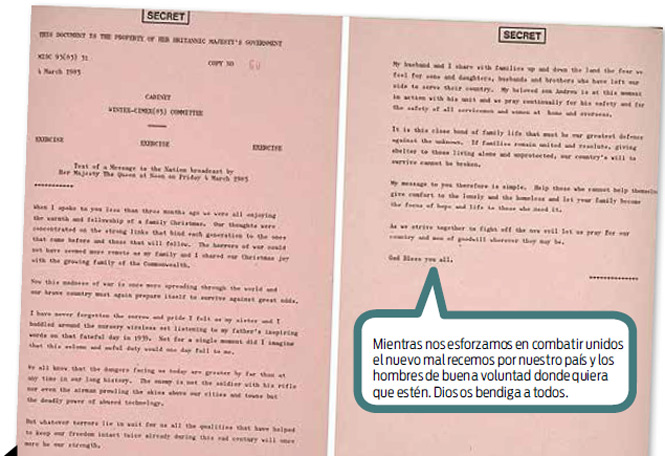 Documento revelado por los Archivos Nacionales, en el que la reina Isabel daría ánimo a su población inmersa en el supuesto enfrentamiento mundial. Foto: EFE Documento revelado por los Archivos Nacionales, en el que la reina Isabel daría ánimo a su población inmersa en el supuesto enfrentamiento mundial. Foto: EFE