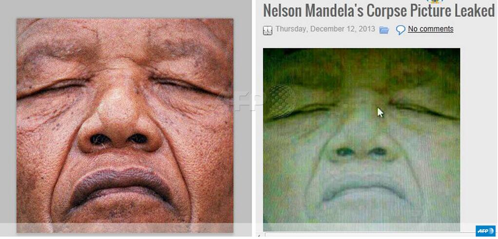 La agencia de noticias AFP desmintió que la imagen pertenezca al ex líder sudafricano muerto y en cambio la identificó como una instantánea captada por un fotógrafo suyo, Trevor Samson, en 1991 cuando el ex presidente cerraba los ojos durante el Congreso Nacional Africano, en Durban. / Foto: Twitter AFP