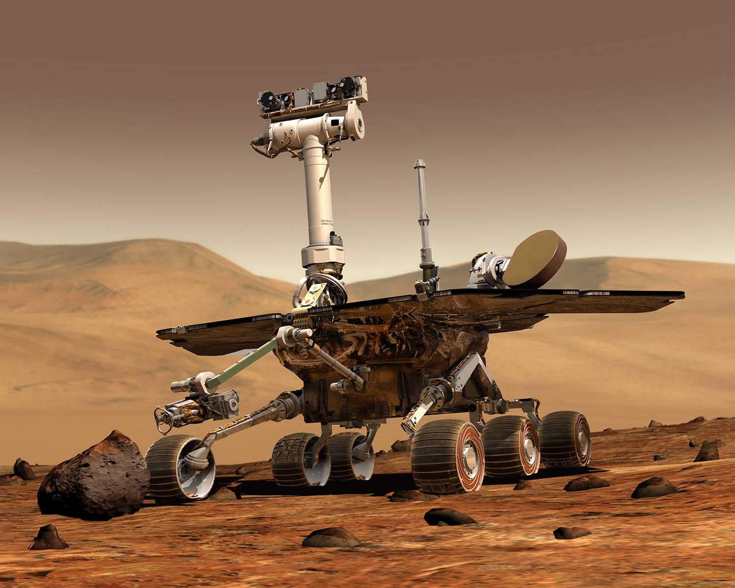 Dibujo proporcionado por la NASA donde se ve al explorador Opportunity en la superficie de Marte, a donde llegó el 24 de enero de 2004.
