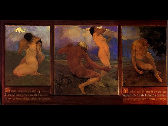 Saturnino Herrán consiguió un modesto empleo en las oficinas de Telégrafos Nacionales, al mismo tiempo que se inscribe en los cursos nocturnos de la Escuela de Bellas Artes. En la imagen: "Tríptico la leyenda de los volcanes" de 1910. Foto: Especial Saturnino Herrán consiguió un modesto empleo en las oficinas de Telégrafos Nacionales, al mismo tiempo que se inscribe en los cursos nocturnos de la Escuela de Bellas Artes. En la imagen: "Tríptico la leyenda de los volcanes" de 1910. Foto: Especial