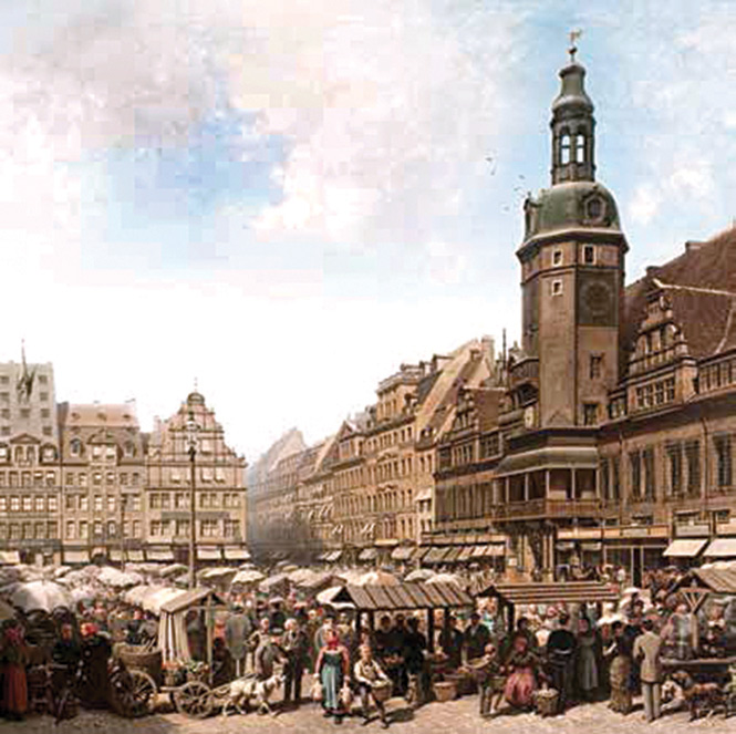 Albert Schwendy, La plaza del mercado, Leipzig (detalle), 1882. Albert Schwendy, La plaza del mercado, Leipzig (detalle), 1882.